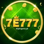 Golden 7E777 game logo with a green circular background, shiny gold border, and coin-themed casino design.