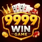 9999 Win Game promotional logo with shining gold numbers, premium gaming symbols, poker cards, and reward coins.