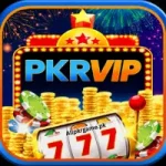 PKR VIP Game icon featuring a colorful casino-style design with gold coins, poker chips, and a slot machine showing 777 symbols under a bright neon marquee.