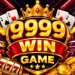 9999 Win Game promotional logo with shining gold numbers, premium gaming symbols, poker cards, and reward coins.