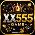 XX555 Game logo with crown, cards, coins, and gaming symbols.